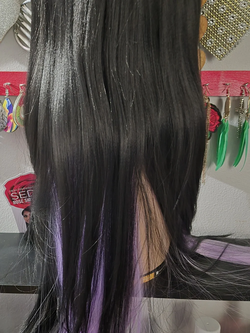 Long Black Wig with Lavender Highlights